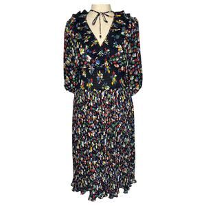 VTG Assorti Susan Freis Dress XS Black V-Neck Ruffle Floral Midi Smocked Blouson